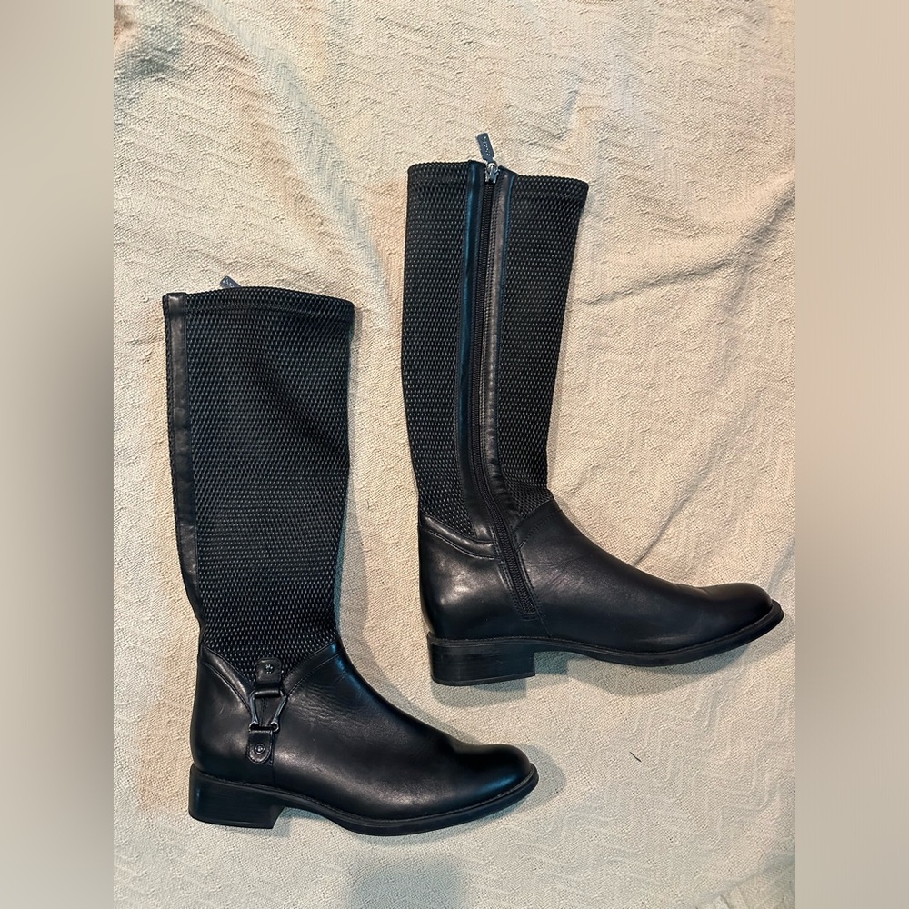 black leather zip heal Bondo verga aqua project knee high riding boots